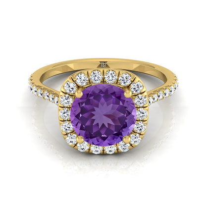 14K Yellow Gold Round Brilliant Amethyst Shared Prong Diamond Halo Engagement Ring -3/8ctw