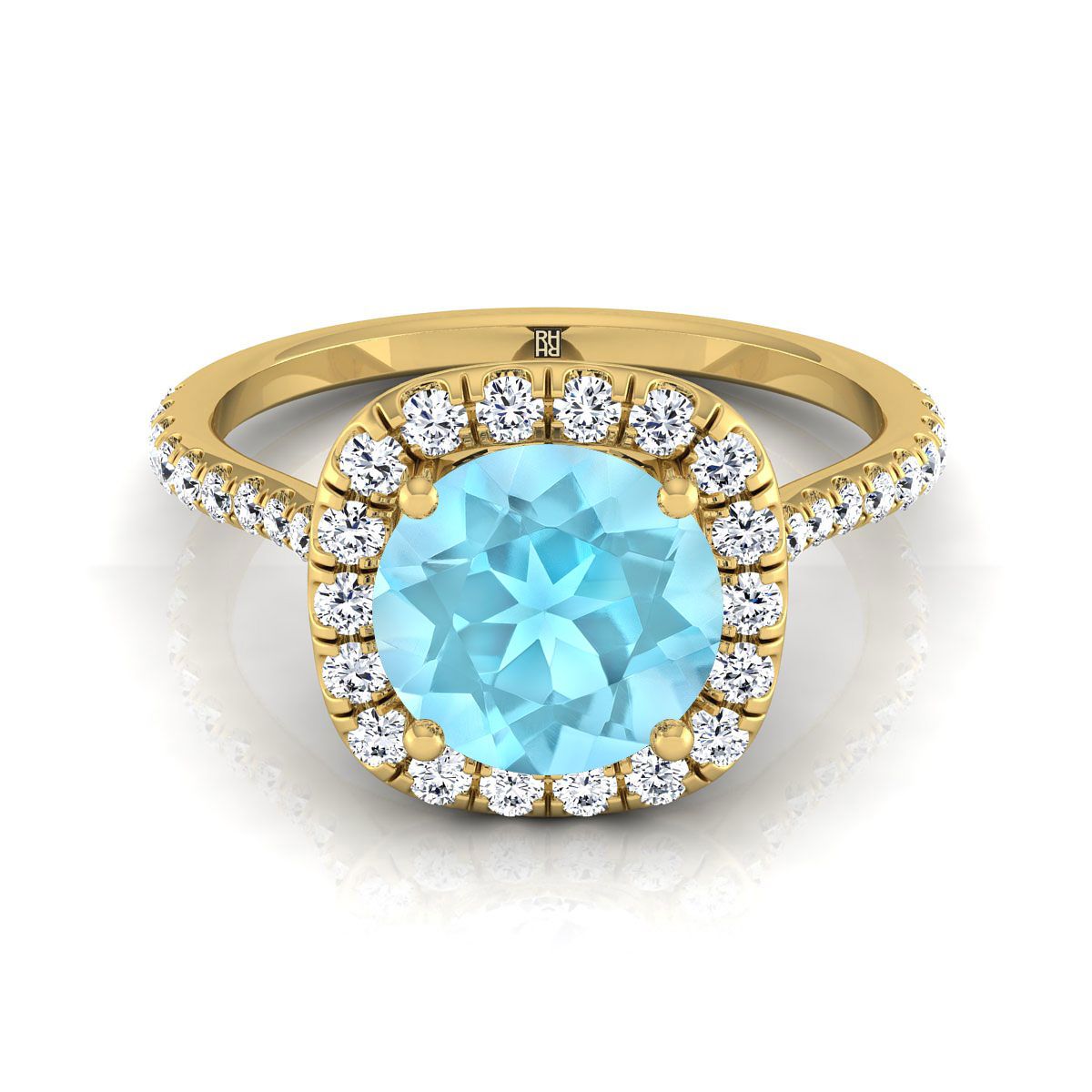 14K Yellow Gold Round Brilliant Aquamarine Shared Prong Diamond Halo Engagement Ring -3/8ctw