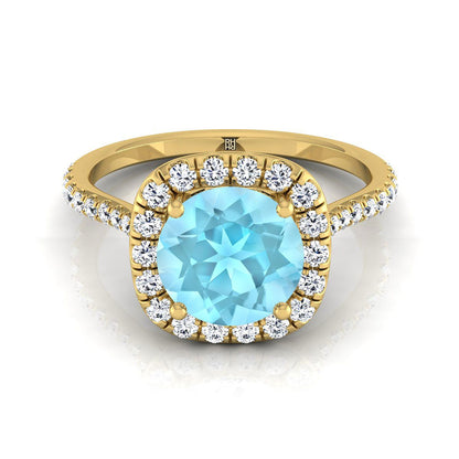 14K Yellow Gold Round Brilliant Aquamarine Shared Prong Diamond Halo Engagement Ring -3/8ctw