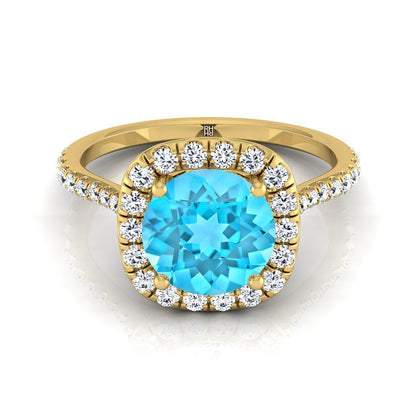 14K Yellow Gold Round Brilliant Swiss Blue Topaz Shared Prong Diamond Halo Engagement Ring -3/8ctw