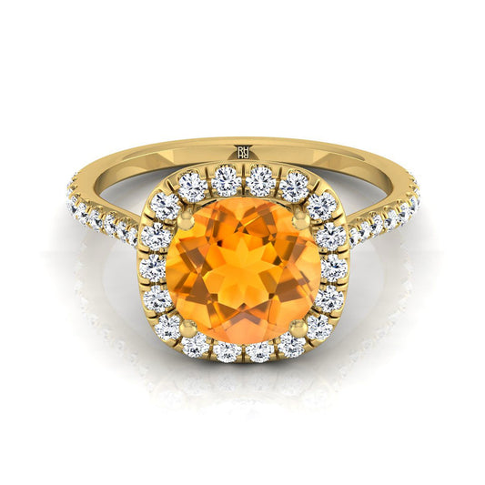 18K Yellow Gold Round Brilliant Citrine Shared Prong Diamond Halo Engagement Ring -3/8ctw