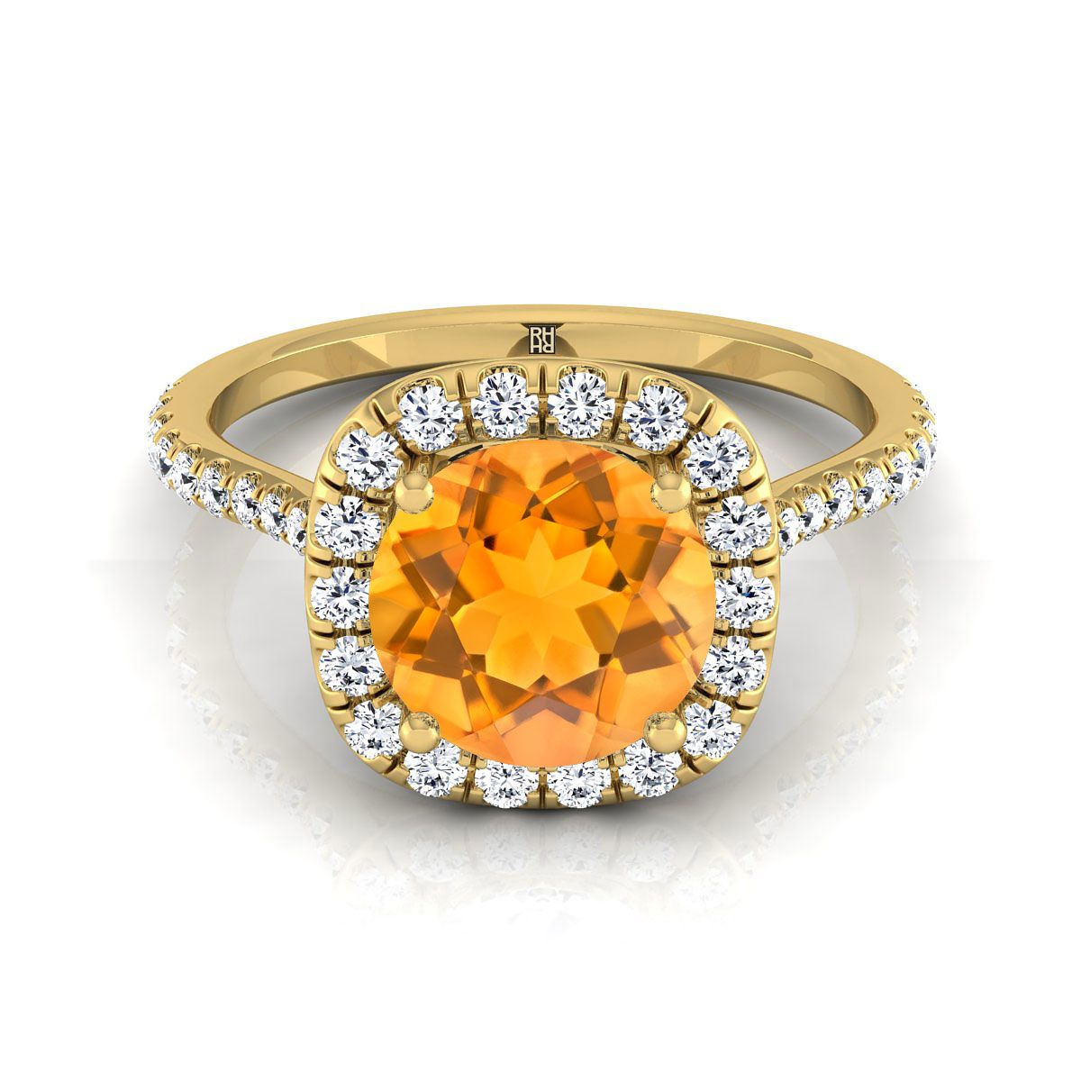 14K Yellow Gold Round Brilliant Citrine Shared Prong Diamond Halo Engagement Ring -3/8ctw