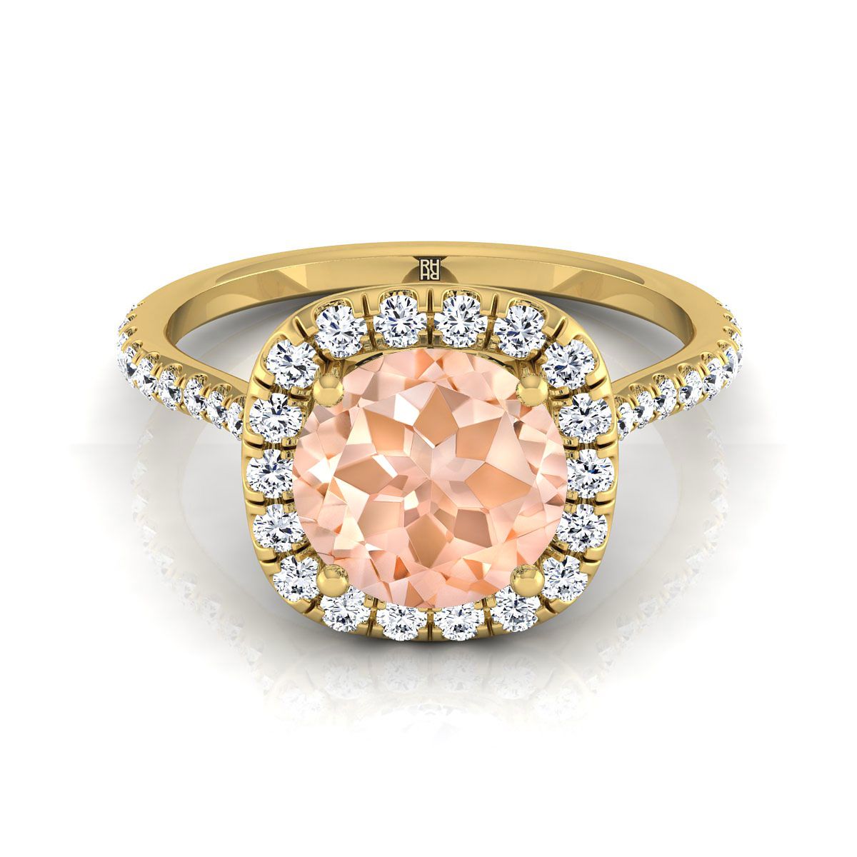 18K Yellow Gold Round Brilliant Morganite Shared Prong Diamond Halo Engagement Ring -3/8ctw