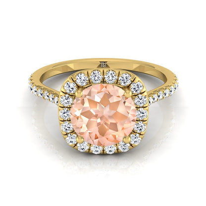 18K Yellow Gold Round Brilliant Morganite Shared Prong Diamond Halo Engagement Ring -3/8ctw