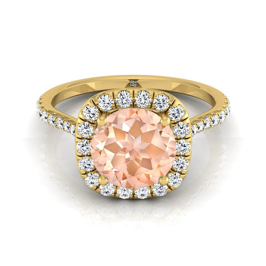 18K Yellow Gold Round Brilliant Morganite Shared Prong Diamond Halo Engagement Ring -3/8ctw
