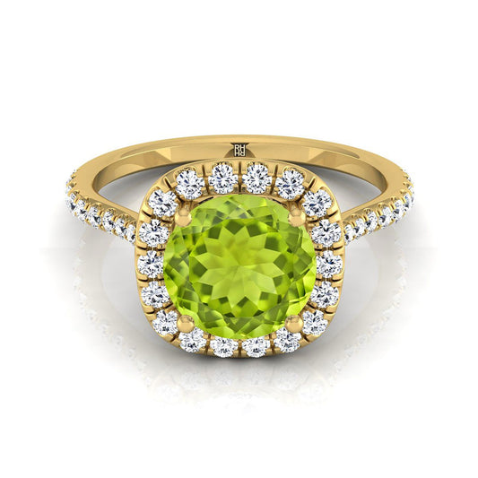 14K Yellow Gold Round Brilliant Peridot Shared Prong Diamond Halo Engagement Ring -3/8ctw