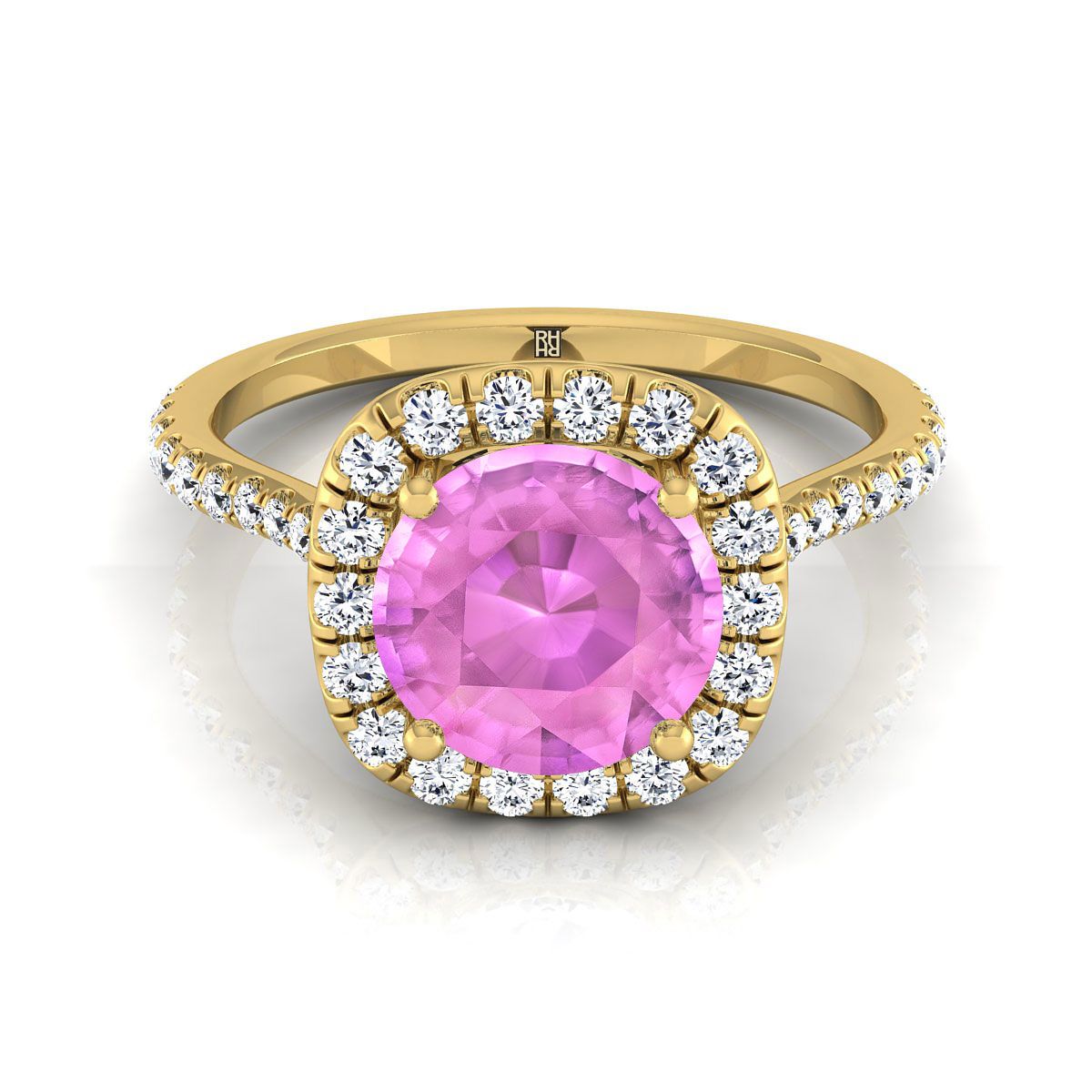18K Yellow Gold Round Brilliant Pink Sapphire Shared Prong Diamond Halo Engagement Ring -3/8ctw