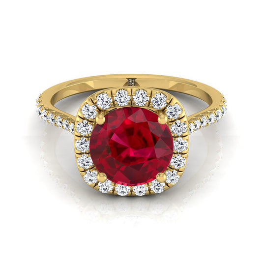 18K Yellow Gold Round Brilliant Ruby Shared Prong Diamond Halo Engagement Ring -3/8ctw