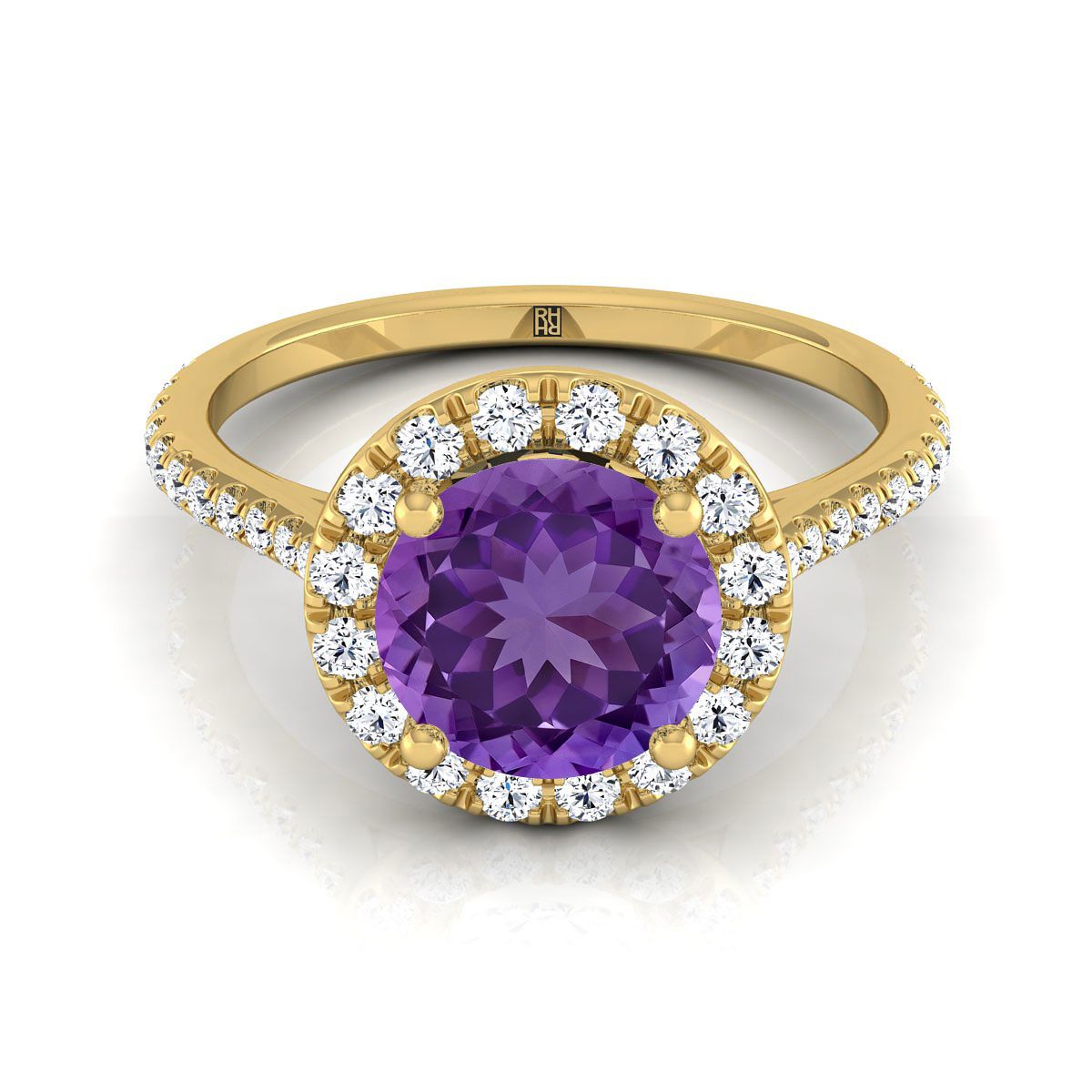 14K Yellow Gold Amethyst Amethyst Halo Diamond Pave Engagement Ring -3/8ctw