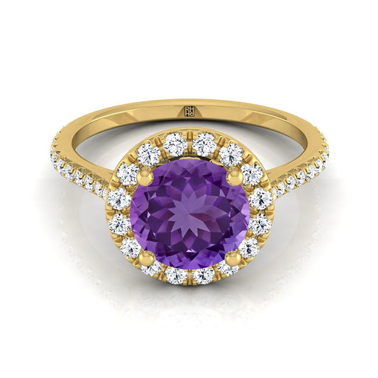 18K Yellow Gold Amethyst Amethyst Halo Diamond Pave Engagement Ring -3/8ctw