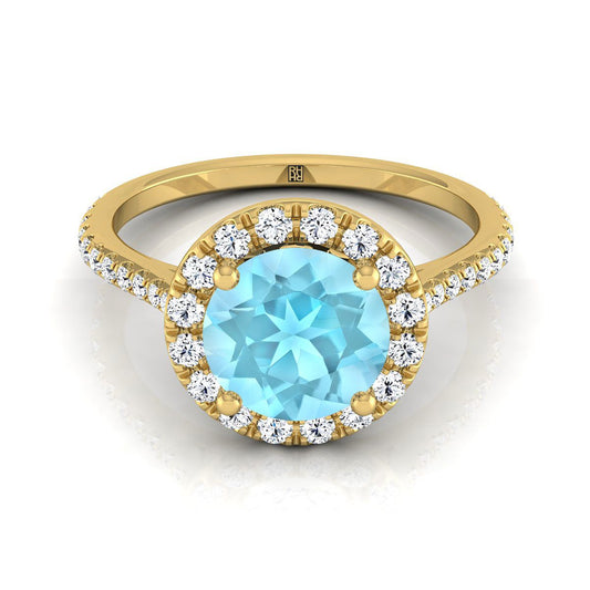 14K Yellow Gold Aquamarine Aquamarine Halo Diamond Pave Engagement Ring -3/8ctw