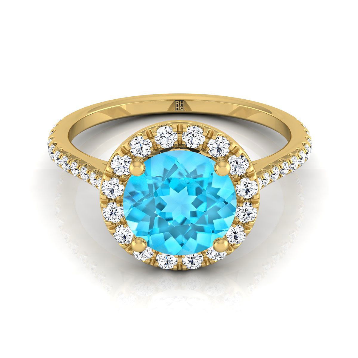 18K Yellow Gold Swiss Blue Topaz Swiss Blue Topaz Halo Diamond Pave Engagement Ring -3/8ctw