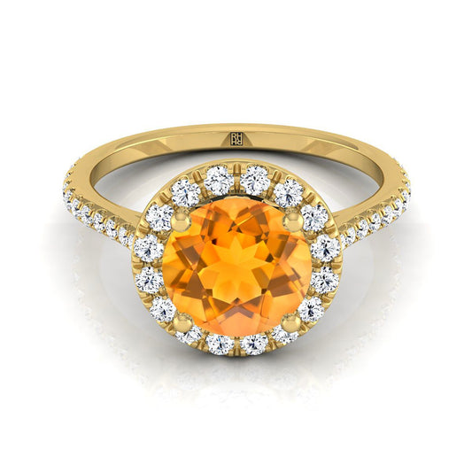 18K Yellow Gold Citrine Citrine Halo Diamond Pave Engagement Ring -3/8ctw