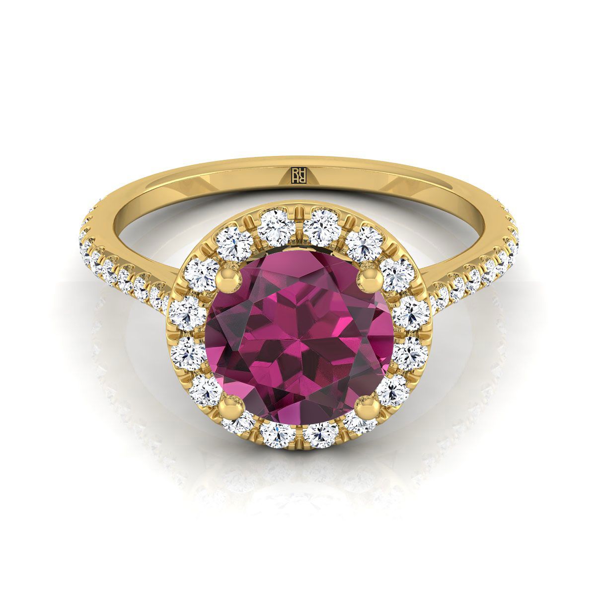 18K Yellow Gold Garnet Garnet Halo Diamond Pave Engagement Ring -3/8ctw