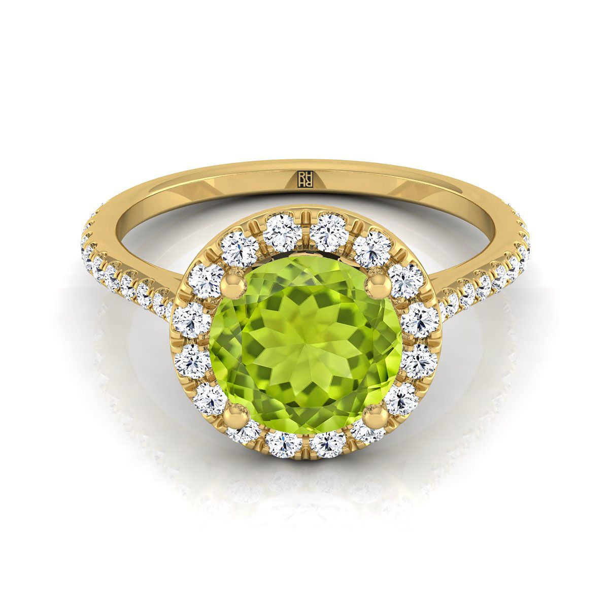 18K Yellow Gold Peridot Peridot Halo Diamond Pave Engagement Ring -3/8ctw