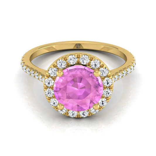 18K Yellow Gold Pink Sapphire Pink Sapphire Halo Diamond Pave Engagement Ring -3/8ctw