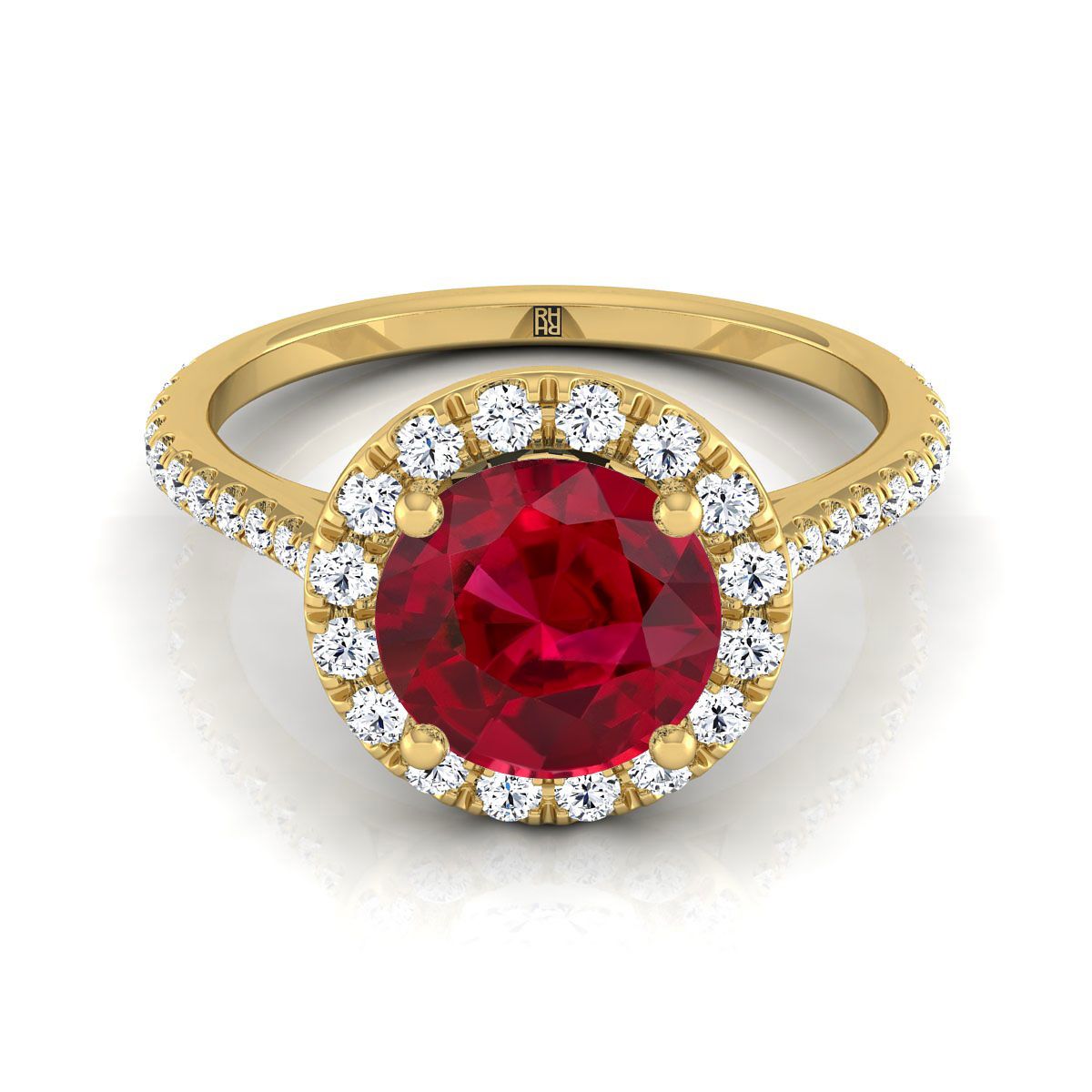 14K Yellow Gold Ruby Ruby Halo Diamond Pave Engagement Ring -3/8ctw