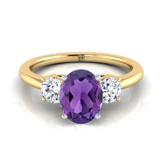 18K Yellow Gold Oval Amethyst Perfectly Matched Round Three Stone Diamond Engagement Ring -1/4ctw