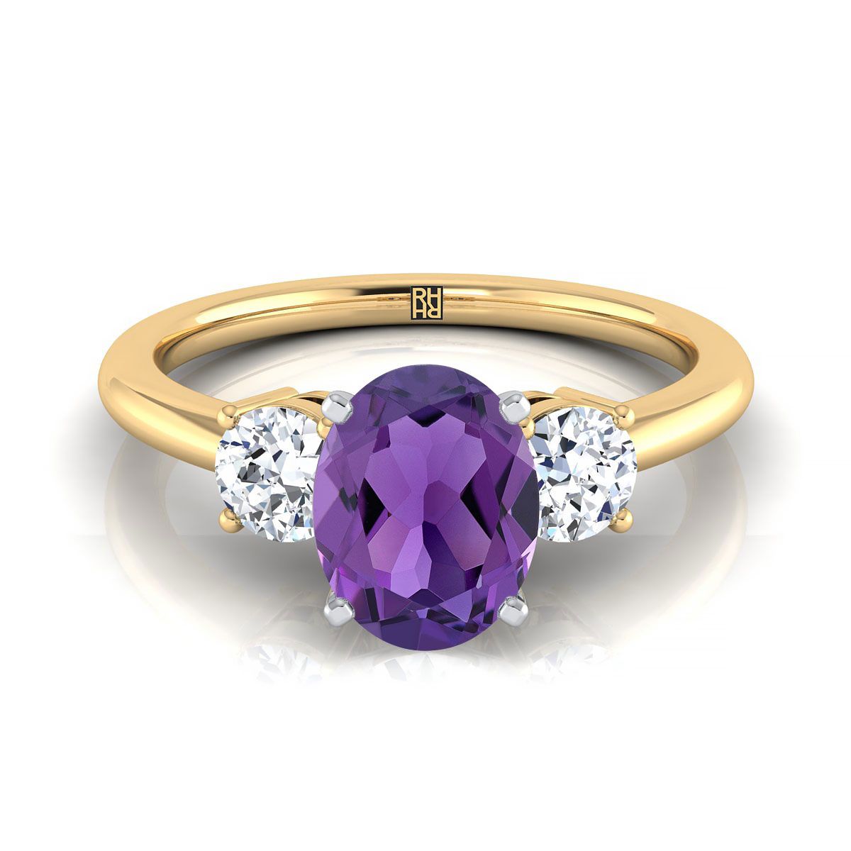 14K Yellow Gold Oval Amethyst Perfectly Matched Round Three Stone Diamond Engagement Ring -1/4ctw