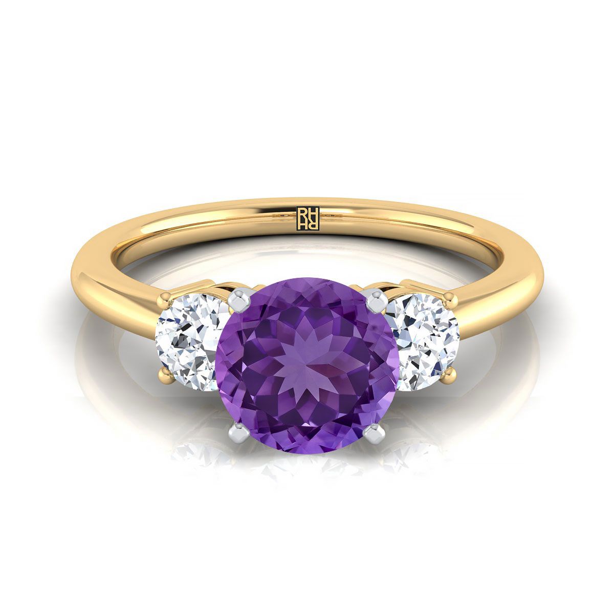 14K Yellow Gold Round Brilliant Amethyst Perfectly Matched Round Three Stone Diamond Engagement Ring -1/4ctw