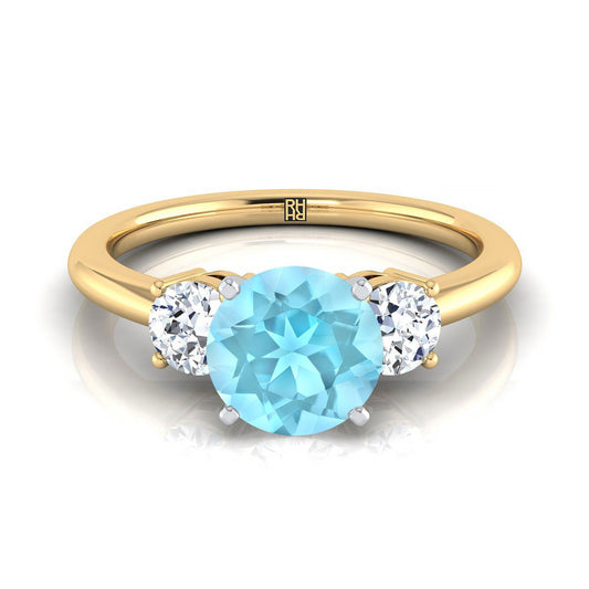14K Yellow Gold Round Brilliant Aquamarine Perfectly Matched Round Three Stone Diamond Engagement Ring -1/4ctw