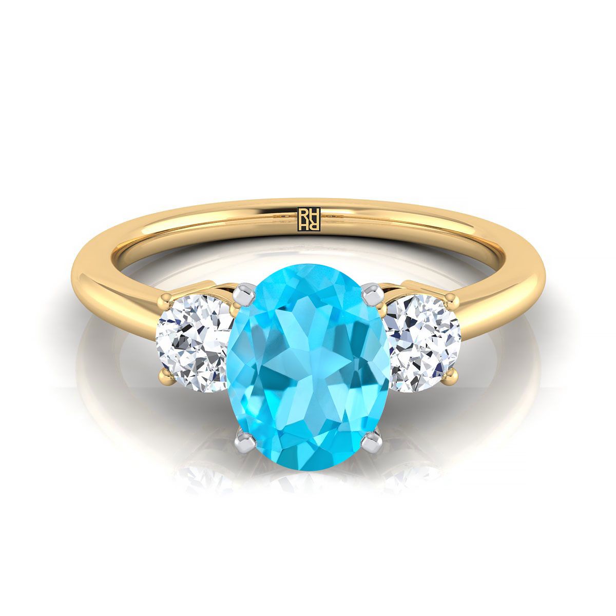 18K Yellow Gold Oval Swiss Blue Topaz Perfectly Matched Round Three Stone Diamond Engagement Ring -1/4ctw