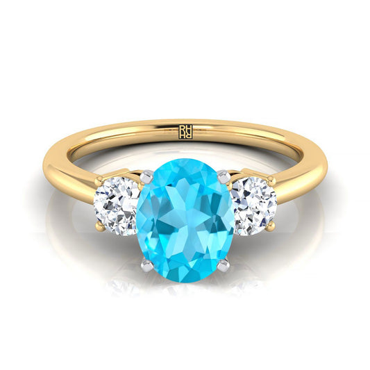 18K Yellow Gold Oval Swiss Blue Topaz Perfectly Matched Round Three Stone Diamond Engagement Ring -1/4ctw