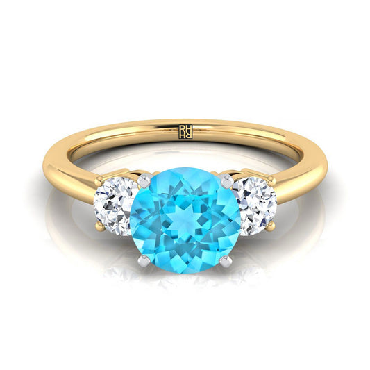 14K Yellow Gold Round Brilliant Swiss Blue Topaz Perfectly Matched Round Three Stone Diamond Engagement Ring -1/4ctw