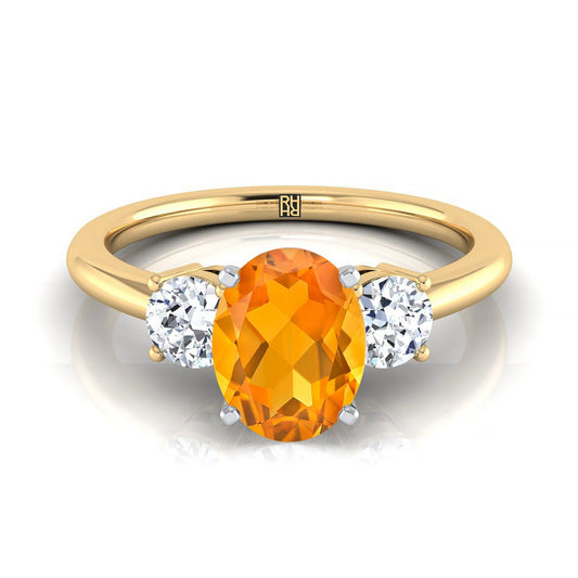 14K Yellow Gold Oval Citrine Perfectly Matched Round Three Stone Diamond Engagement Ring -1/4ctw