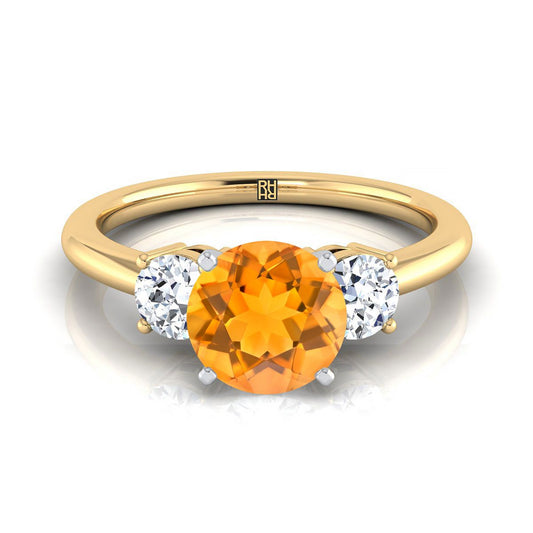 18K Yellow Gold Round Brilliant Citrine Perfectly Matched Round Three Stone Diamond Engagement Ring -1/4ctw