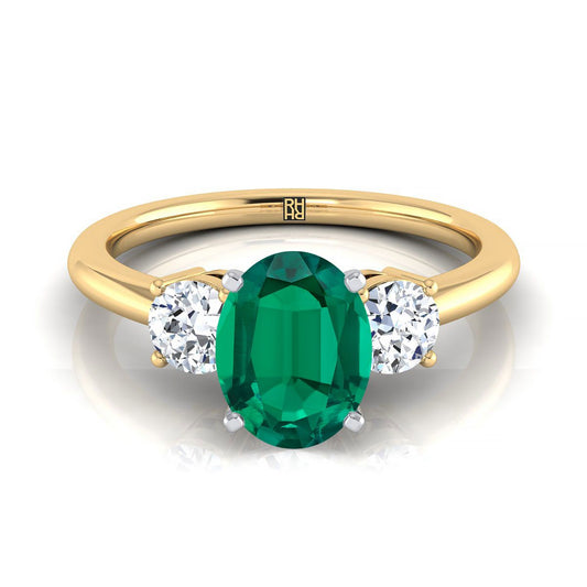 18K Yellow Gold Oval Emerald Perfectly Matched Round Three Stone Diamond Engagement Ring -1/4ctw