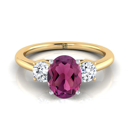 18K Yellow Gold Oval Garnet Perfectly Matched Round Three Stone Diamond Engagement Ring -1/4ctw