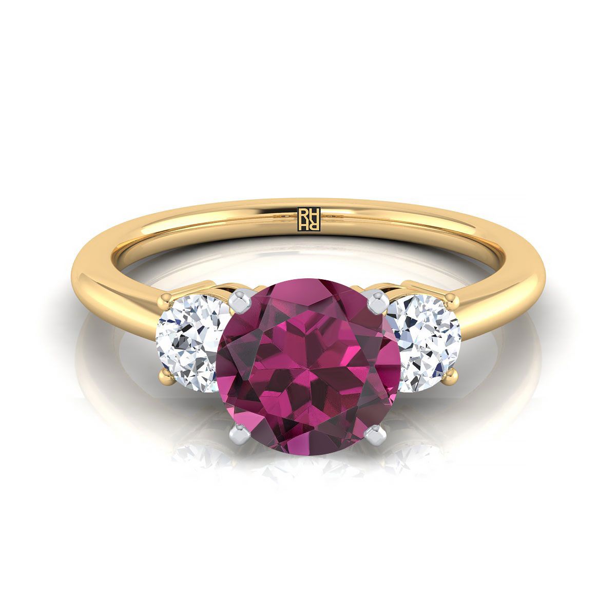 18K Yellow Gold Round Brilliant Garnet Perfectly Matched Round Three Stone Diamond Engagement Ring -1/4ctw