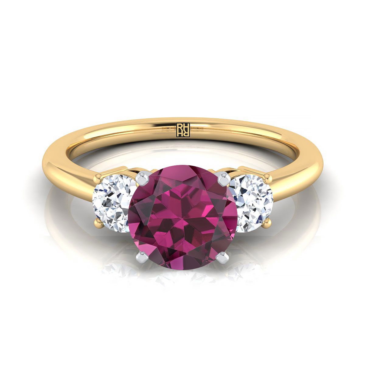 14K Yellow Gold Round Brilliant Garnet Perfectly Matched Round Three Stone Diamond Engagement Ring -1/4ctw