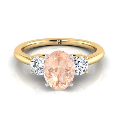 18K Yellow Gold Oval Morganite Perfectly Matched Round Three Stone Diamond Engagement Ring -1/4ctw