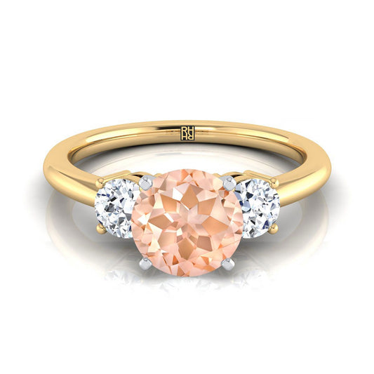 18K Yellow Gold Round Brilliant Morganite Perfectly Matched Round Three Stone Diamond Engagement Ring -1/4ctw