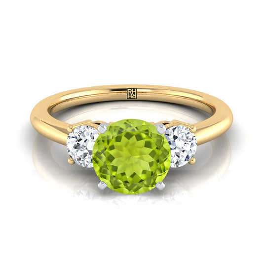 14K Yellow Gold Round Brilliant Peridot Perfectly Matched Round Three Stone Diamond Engagement Ring -1/4ctw