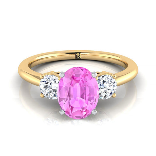 14K Yellow Gold Oval Pink Sapphire Perfectly Matched Round Three Stone Diamond Engagement Ring -1/4ctw