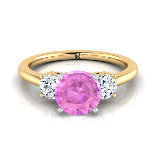 14K Yellow Gold Round Brilliant Pink Sapphire Perfectly Matched Round Three Stone Diamond Engagement Ring -1/4ctw