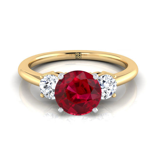 18K Yellow Gold Round Brilliant Ruby Perfectly Matched Round Three Stone Diamond Engagement Ring -1/4ctw