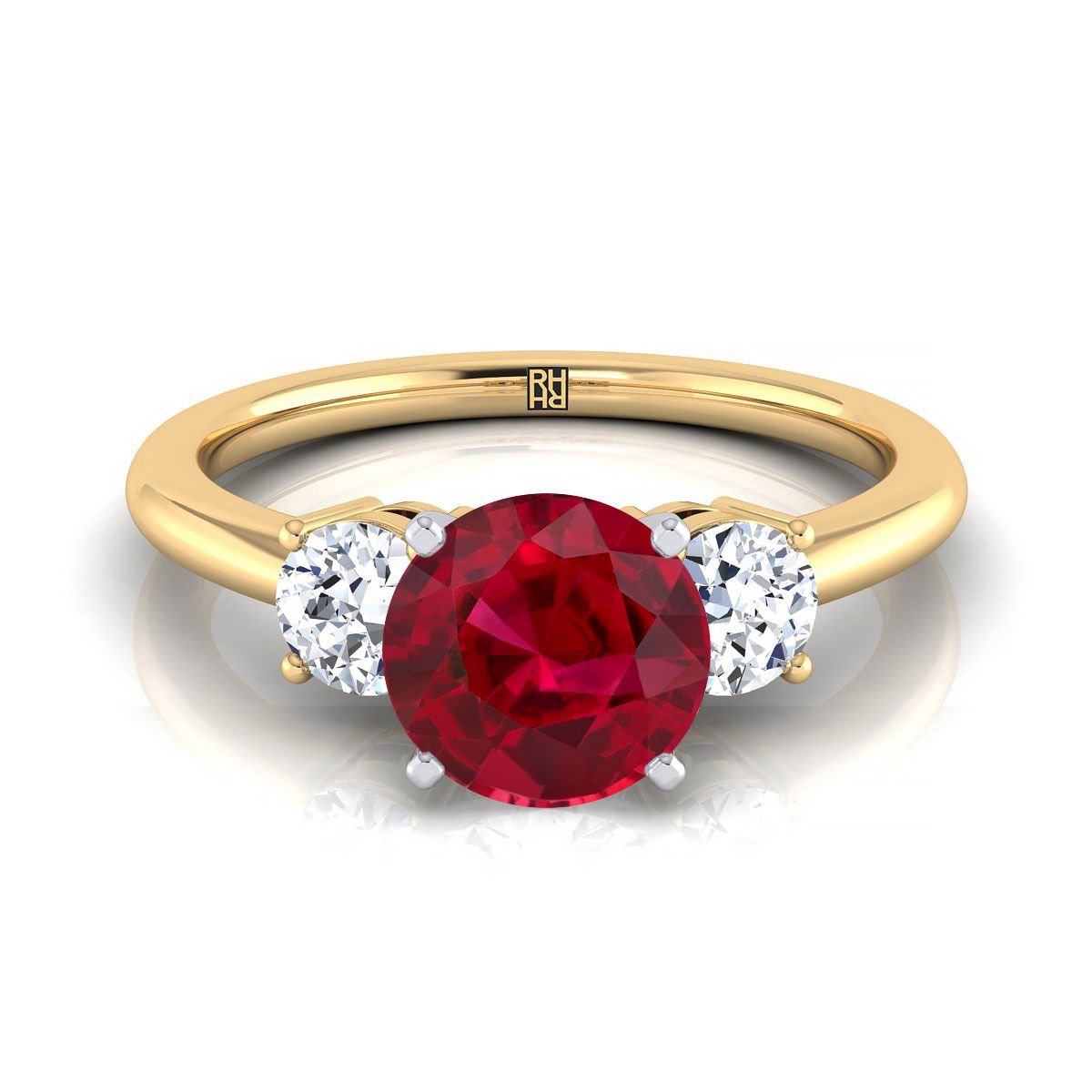 18K Yellow Gold Round Brilliant Ruby Perfectly Matched Round Three Stone Diamond Engagement Ring -1/4ctw