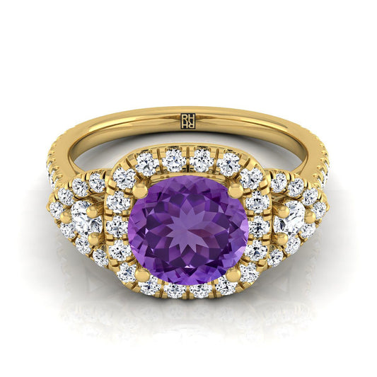 14K Yellow Gold Round Brilliant Amethyst Delicate Three Stone Halo Pave Diamond Engagement Ring -5/8ctw