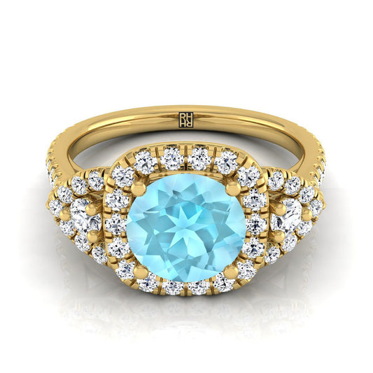 14K Yellow Gold Round Brilliant Aquamarine Delicate Three Stone Halo Pave Diamond Engagement Ring -5/8ctw