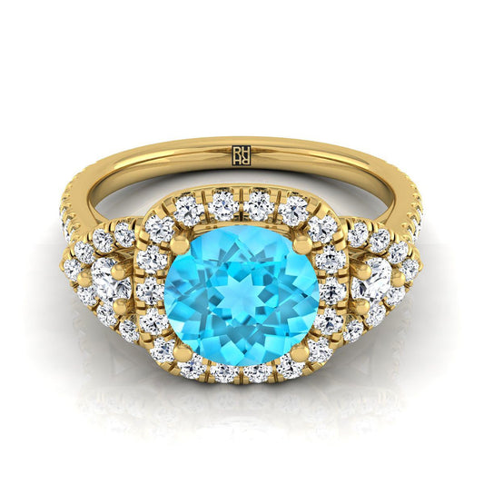 14K Yellow Gold Round Brilliant Swiss Blue Topaz Delicate Three Stone Halo Pave Diamond Engagement Ring -5/8ctw