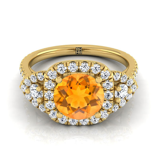 18K Yellow Gold Round Brilliant Citrine Delicate Three Stone Halo Pave Diamond Engagement Ring -5/8ctw
