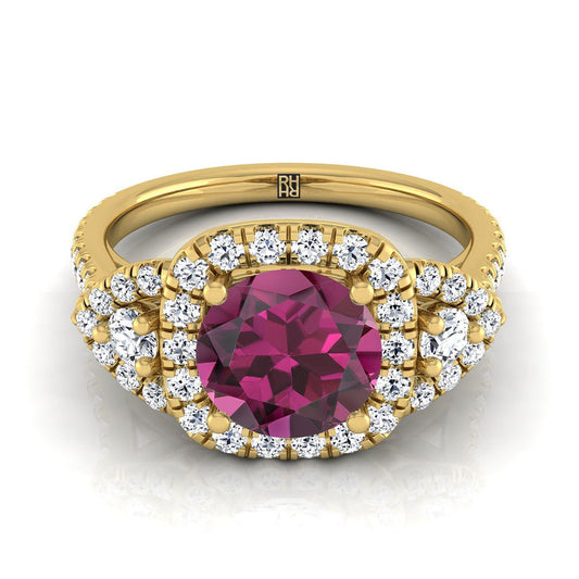 18K Yellow Gold Round Brilliant Garnet Delicate Three Stone Halo Pave Diamond Engagement Ring -5/8ctw