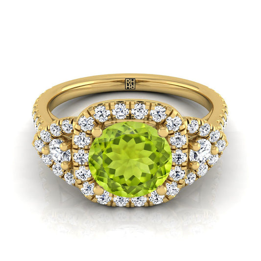 14K Yellow Gold Round Brilliant Peridot Delicate Three Stone Halo Pave Diamond Engagement Ring -5/8ctw