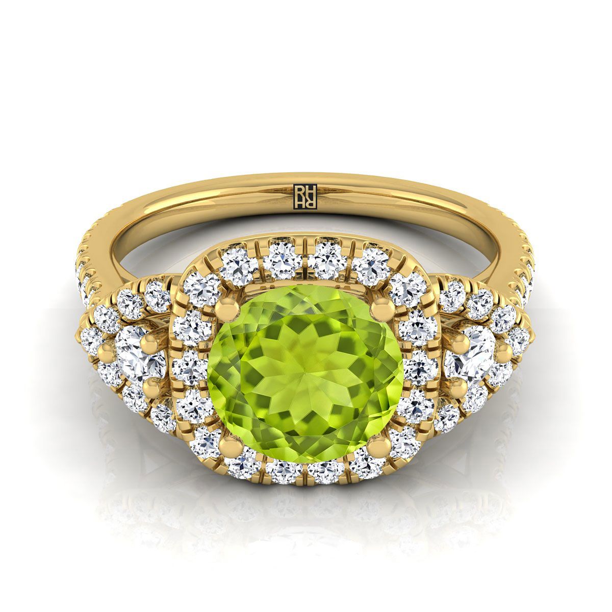 18K Yellow Gold Round Brilliant Peridot Delicate Three Stone Halo Pave Diamond Engagement Ring -5/8ctw