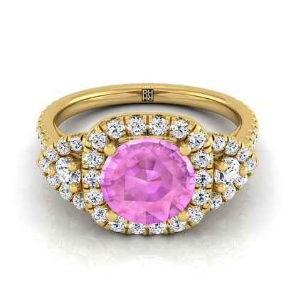 14K Yellow Gold Round Brilliant Pink Sapphire Delicate Three Stone Halo Pave Diamond Engagement Ring -5/8ctw