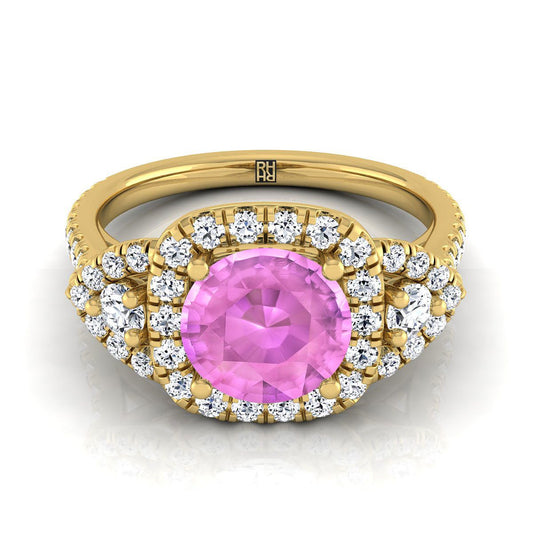 18K Yellow Gold Round Brilliant Pink Sapphire Delicate Three Stone Halo Pave Diamond Engagement Ring -5/8ctw